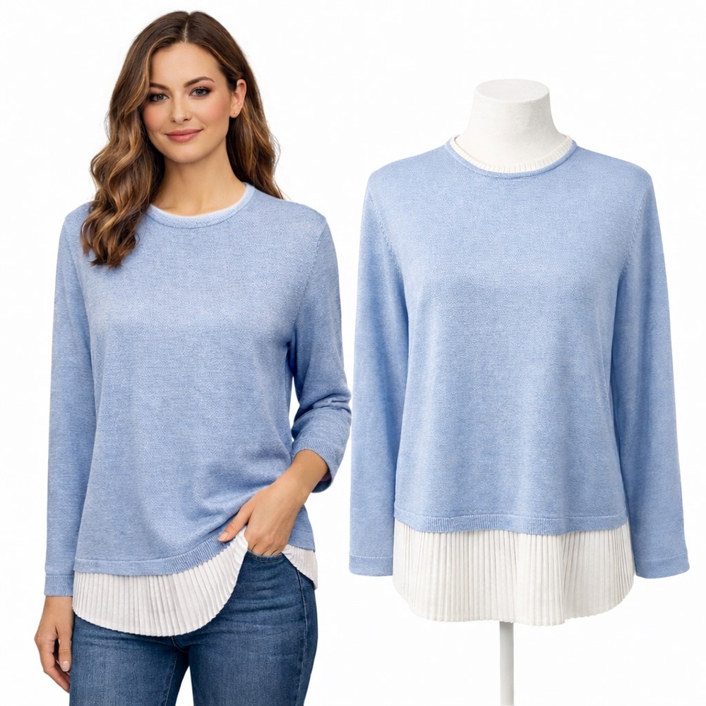 NWOT Adrianna Papell Layered Sweater Blouse Blue Pleated Hem Knit Top Size Large